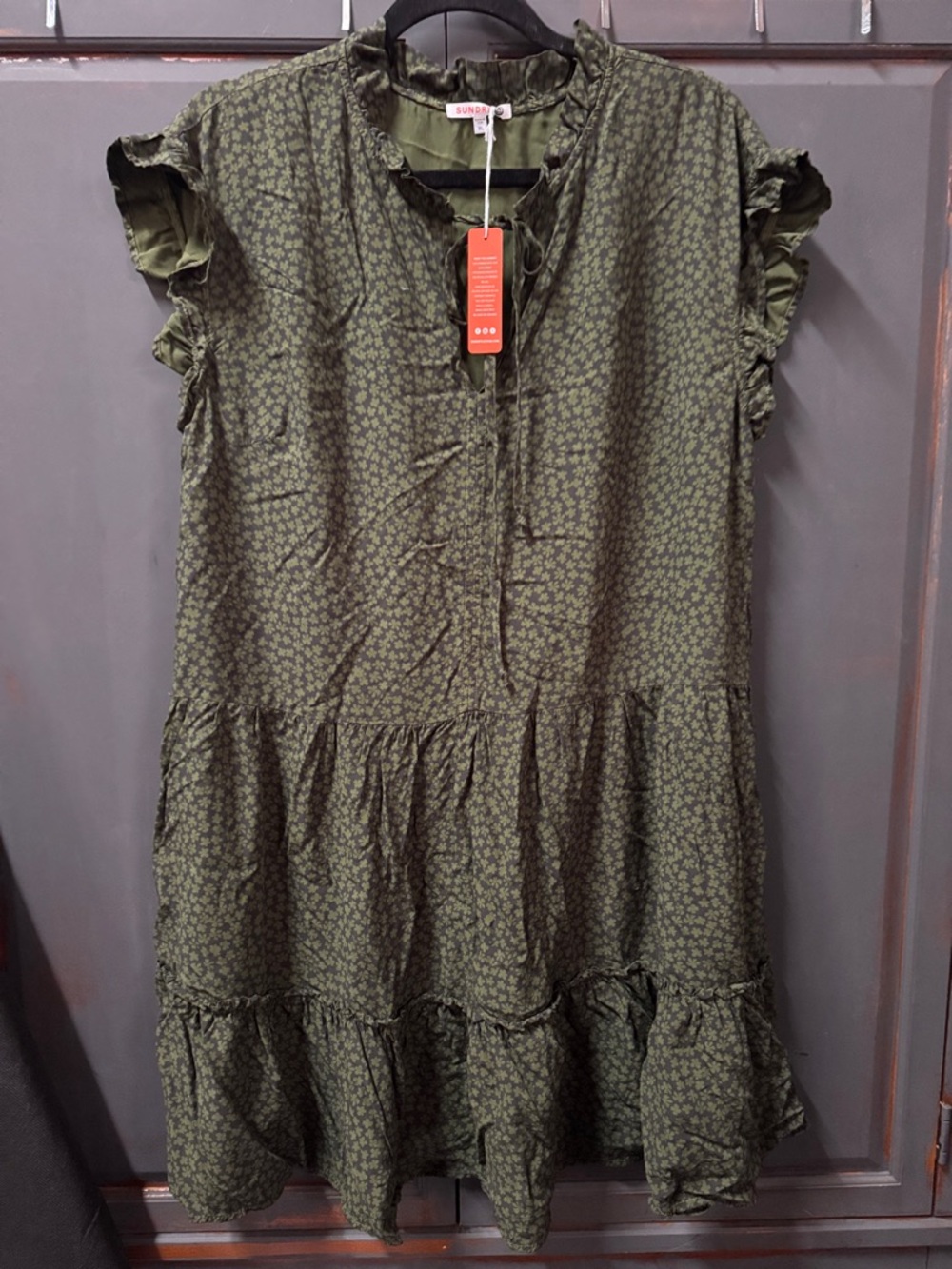 NWT Sundry Olive Green Floral Ruffle Tie-Neck dress